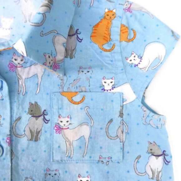 Vintage Grandma Made Blouse Waist Tie Front Multi Cats Print Blue Pockets Kitty